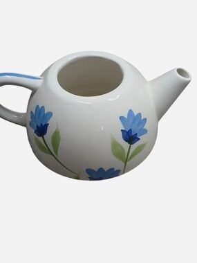 Vintage Blue Floral Ceramic Teapot - White